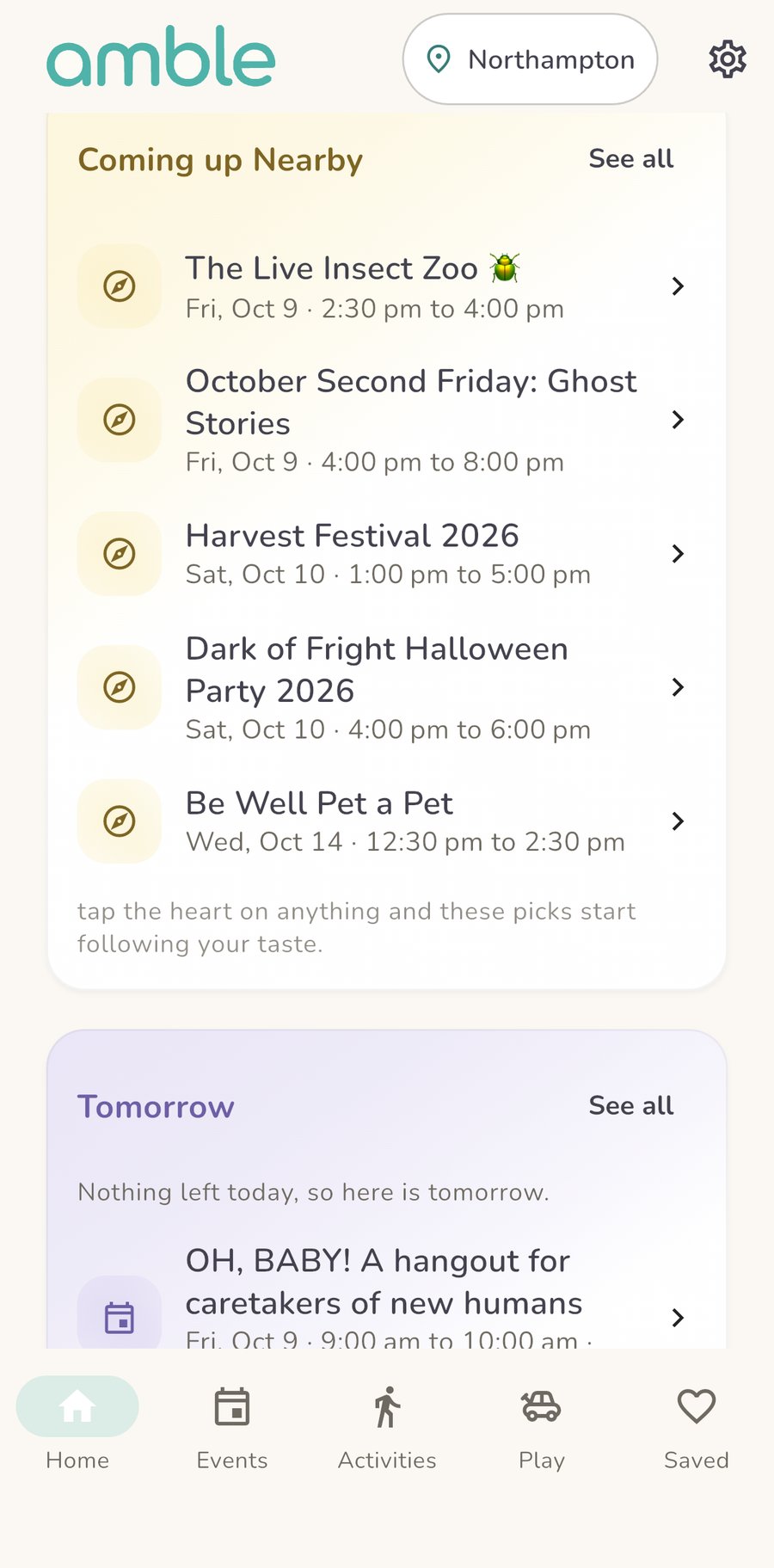amble's Home screen set to Northampton, showing what's coming up nearby: a live insect zoo, ghost stories, a harvest festival, a Halloween party and a pet visit.
